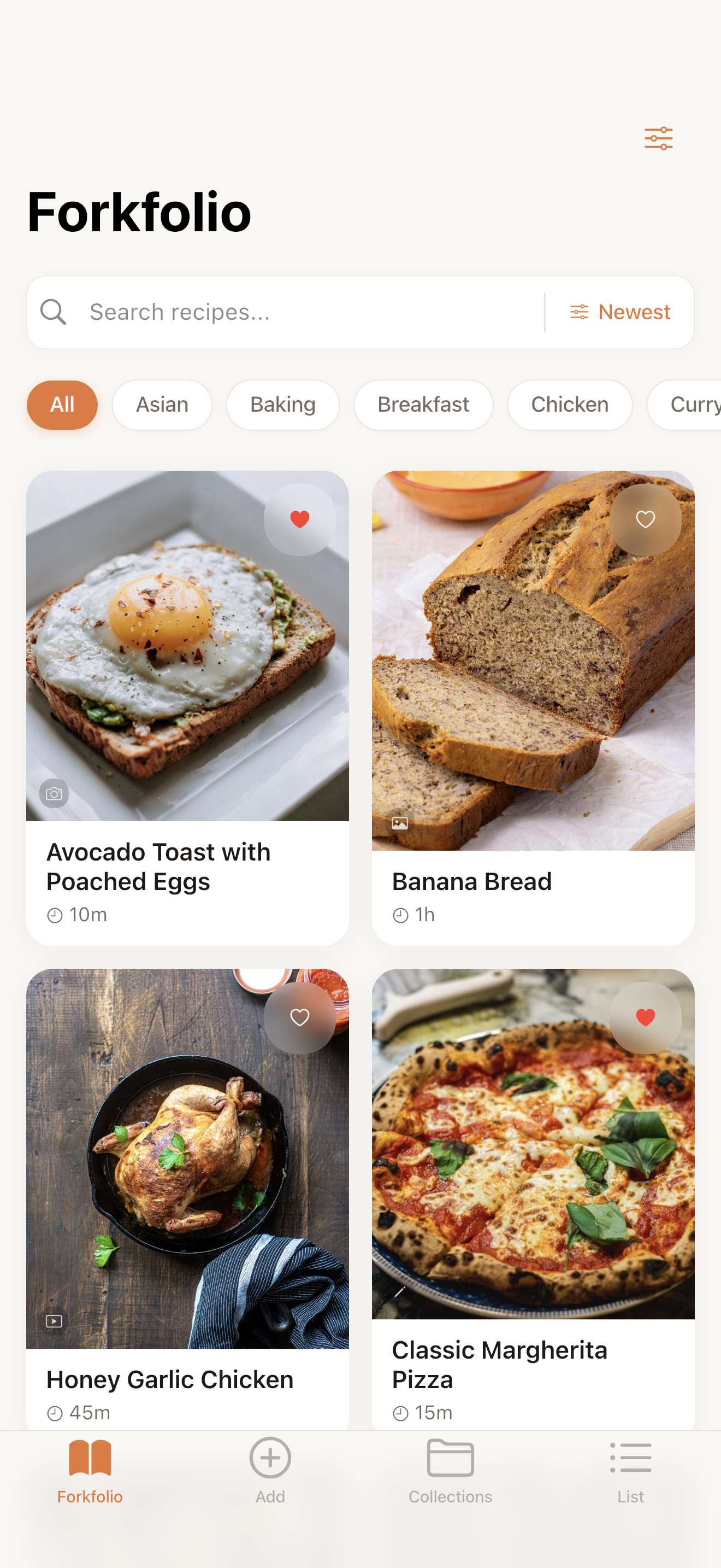 Recipe grid with search and tag filters