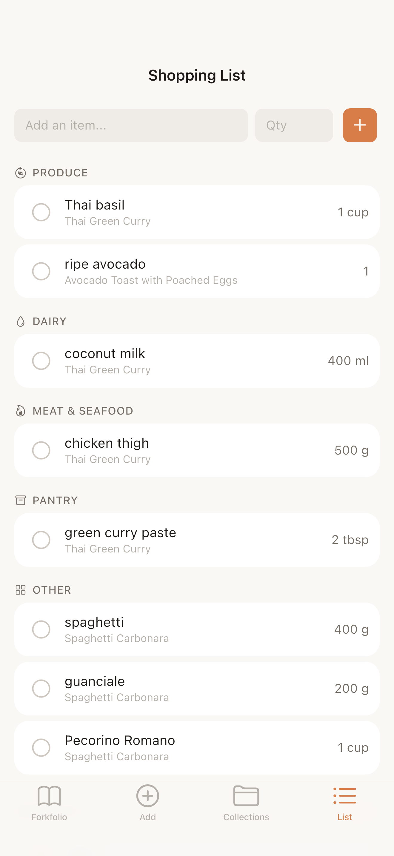 Smart shopping list sorted by category